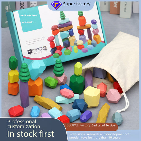 Children&#039;s Wooden Nordic Style Colorful Stone Building Blocks Educational Color Cognition Parent-child Interaction Indoor Decoration Toys